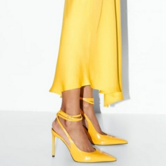 Zara Shoes - ZARA Women's Yellow Patent Effect Slingback Ankle Strap Heels, Size EU41/US10